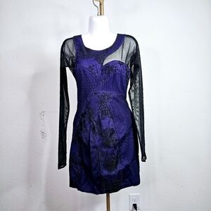 BCBGMaxAzria Mini Dress Mesh Long Sleeves Cut Outs Persian Blue Black